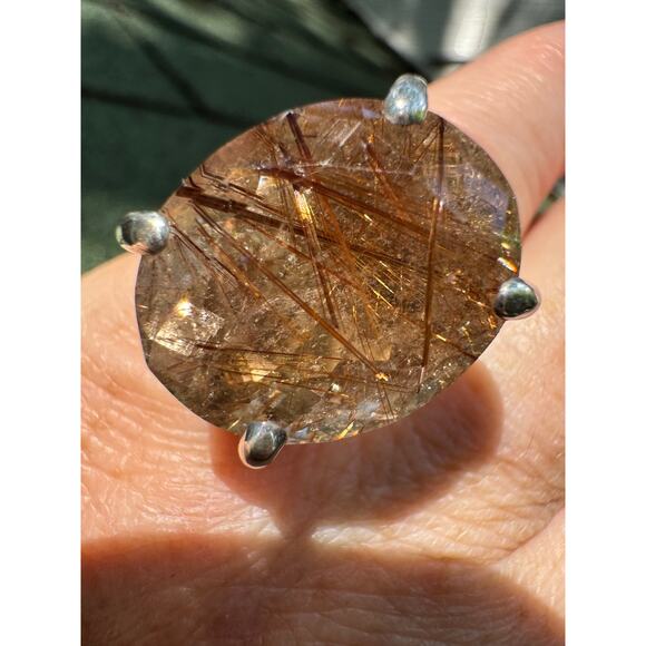 Copper Rutile Quartz Crystal Ring Sterling 925 Silver Statement Cocktail Sz 6.5 - Picture 11 of 11